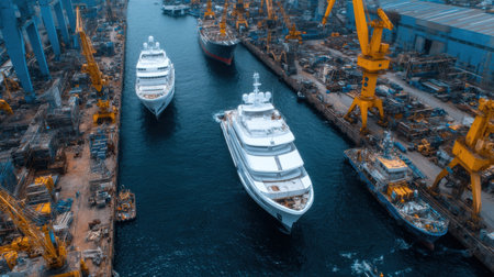 A large ship is docked in a harbor with other ships in the background. The scene is industrial and busy, with cranes and other equipment in the backgroundの素材