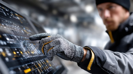 A man wearing a black hat and a gray jacket is pointing at a computer screen. Concept of focus and determination as the man uses his finger to navigate the screenの素材
