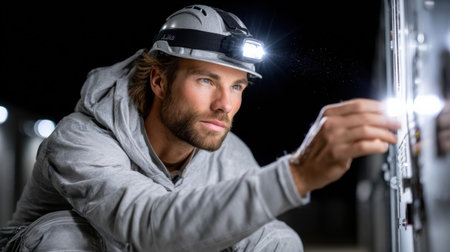 A man in a grey hoodie is wearing a hard hat and looking at a light switch. He is focused on the task at hand and he is working in a dimly lit areaの素材