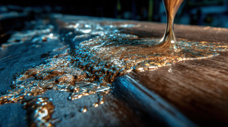 A liquid is dripping from a container onto a wooden surface. The liquid appears to be a thick, golden substance. The scene has a somewhat mysterious and intriguing atmosphereの素材