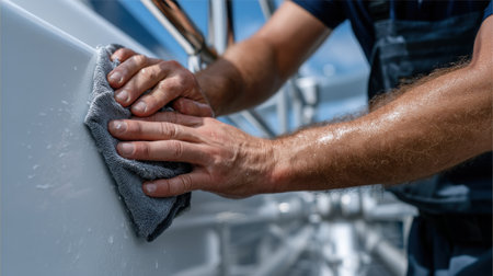 A man is cleaning a boat with a towel. The towel is wet and the man's hands are covered in waterの素材