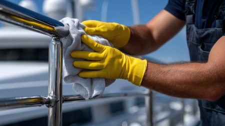 A man is cleaning a railing with a yellow glove on. The railing is made of metal and is located on a boatの素材
