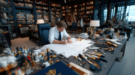 A man is sitting at a desk with a lot of tools and a blue chair. The desk is cluttered with various items, including a book, a lamp, and a pair of scissorsの素材