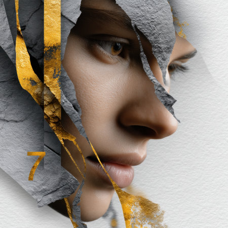 A woman's face is shown in a collage of different textures and colors. The image is titled "7" and is meant to evoke a sense of mystery and intrigue. The woman's features are emphasized, with her eyesの素材