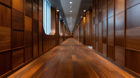 A long hallway with wooden walls and floors. The wood grain is visible in the walls and floorの素材