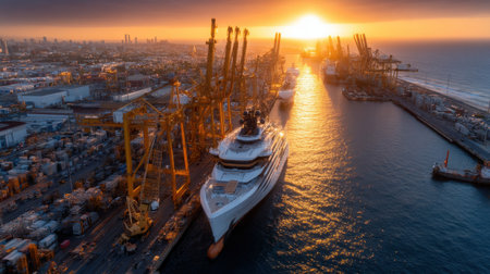 A large ship is docked at a port, with the sun setting in the background. Concept of calm and serenity, as the ship is surrounded by the peaceful waters and the beautiful colors of the sunsetの素材