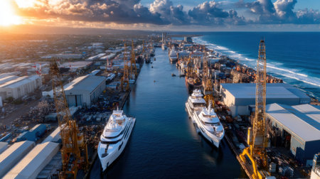 A view of a harbor with three large yachts docked. The harbor is bustling with activity, with many boats and cranes in the background. The sky is cloudy, giving the scene a somewhat moody atmosphereの素材