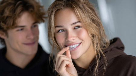 A woman with blonde hair and a brown hoodie is smiling at the camera. She is holding her hand to her mouth, possibly chewing gum. The man in the background is smiling as well, creating a warmの素材