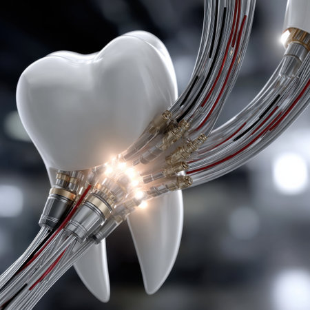 A tooth is being operated on by a machine. The machine is attached to the tooth with wires and the tooth is illuminatedの素材