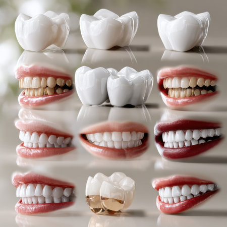 A row of teeth with a white toothbrush in the middle. The teeth are all different shades of whiteの素材