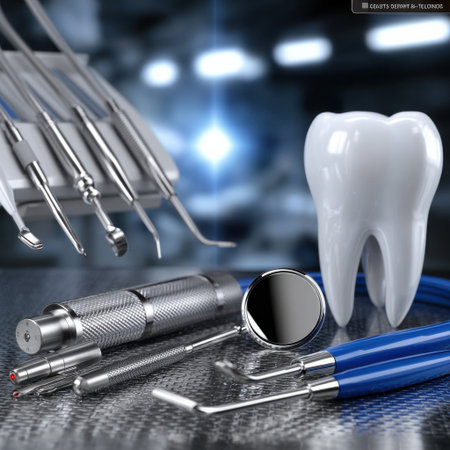 A set of dental tools and a tooth are displayed on a table. Scene is professional and serious, as it is likely a dental office or a dental clinic. The tools are arranged neatlyの素材