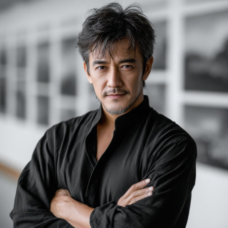 A man with a mustache and a black shirt is standing in front of a wall of pictures. He is looking directly at the cameraの素材