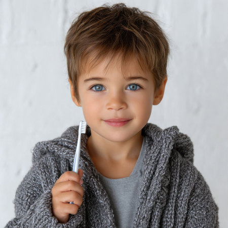 A young boy is holding a toothbrush and smiling. Concept of innocence and playfulness, as the child is engaged in a simple yet important daily activityの素材