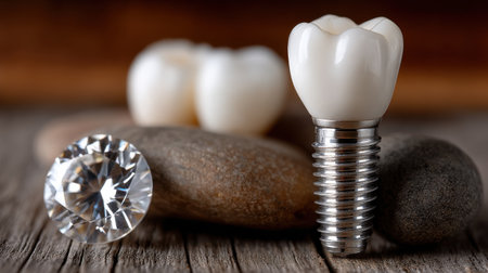 A diamond and a tooth are on a wooden surface. The diamond is on top of a rock and the tooth is on top of the rockの素材