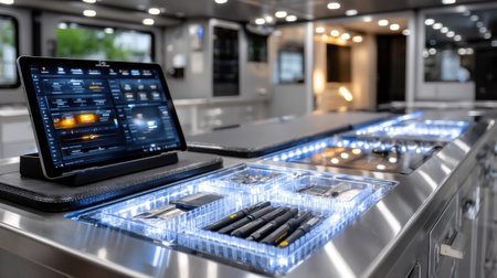 A large silver countertop with a tablet on it and a display of pens and pencils. The tablet is displaying a menu of items and the pens and pencils are arranged in a clear caseの素材