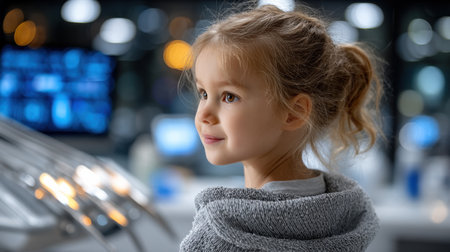 A young girl with blonde hair and a gray hoodie is looking at a monitor. The room is dimly lit, and the girl appears to be focused on the screenの素材