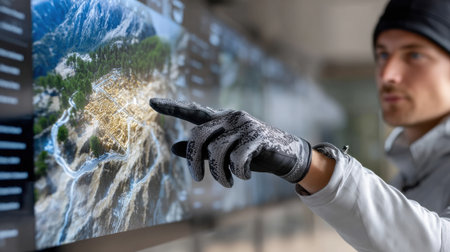 A man is pointing at a map on a screen. The map shows a mountain range with a few small towns scattered throughoutの素材
