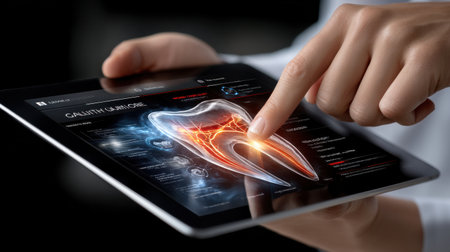 A person is pointing at a tooth on a tablet. The image is of a tooth with a red dot on it, and the person is looking at it intentlyの素材