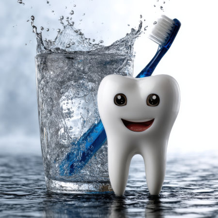 A toothbrush is smiling at a glass of water. The toothbrush is white and blueの素材
