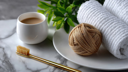 A white plate with a gold toothbrush and a ball of yarn on it. A cup of coffee is also on the plateの素材