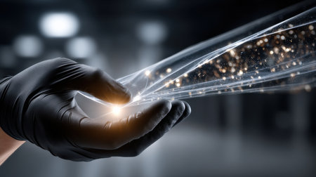 A hand holding a glowing object with a black background. Concept of wonder and fascination with technology and the unknownの素材