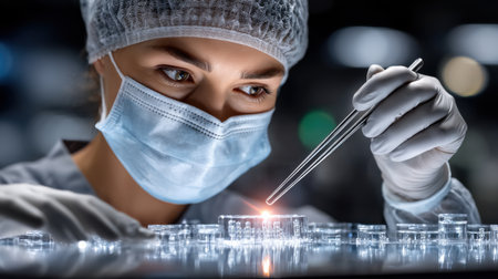 A woman in a lab coat is wearing a mask and gloves while holding a pair of tweezers. She is examining a small object under a microscope. Concept of precision and focusの素材