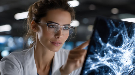 A woman wearing glasses is pointing at a computer screen with a picture of a brain. Concept of curiosity and interest in the subject matter, as the woman is examining the details of the brainの素材