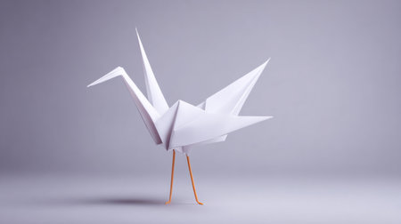 A paper crane is standing on a grey surface. Concept of delicacy and fragility, as the paper crane is made of thin, easily torn material. The grey background adds to the overall mood of the imageの素材