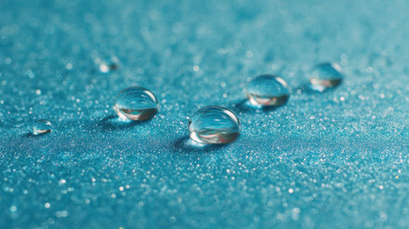 A blue surface with four small droplets of water on it. The droplets are scattered across the surface, creating a sense of movement and fluidityの素材