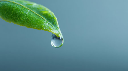 A leaf with a drop of water on it. The water droplet is small and clear. The leaf is green and the background is blueの素材