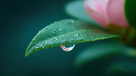 A leaf with a drop of water on it. The water droplet is small and clear. The leaf is green and the background is blueの素材