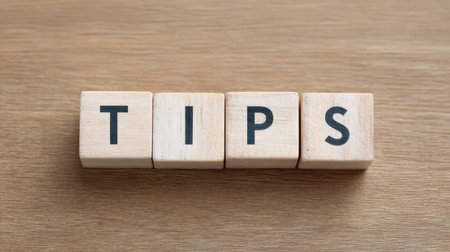 The word tips is written in wooden blocks on a wooden surface. The blocks are arranged in a way that they spell out the word tips. Concept of organization and structureの素材