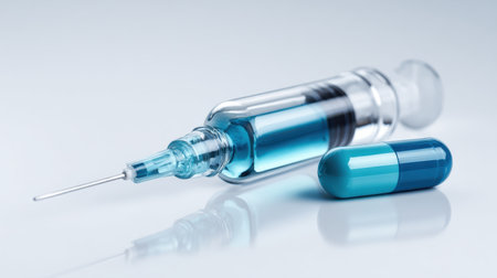 A syringe filled with a blue liquid is placed next to a blue pill. The syringe is positioned in the middle of the pill, creating a sense of balance and harmony between the two objectsの素材