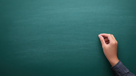 A hand is drawing on a chalkboard. The chalkboard is green and has a lot of chalk dust on it. The hand is drawing a line on the boardの素材