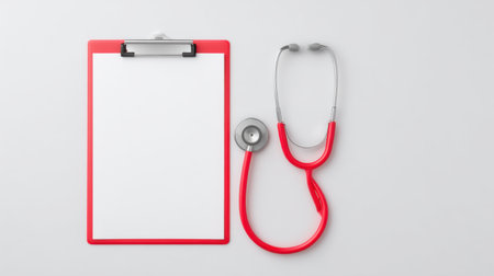 A red clipboard with a white background and a stethoscope on top of it. The stethoscope is placed on top of the clipboard, which is positioned horizontallyの素材