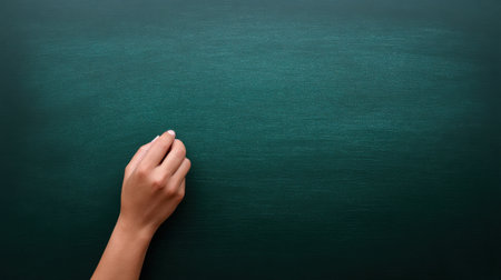 A hand is drawing on a green chalkboard. The chalkboard is covered in chalk dust and the hand is leaving a trail of chalk behind it. Concept of creativity and learningの素材
