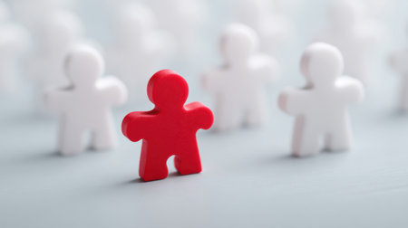 A red puzzle piece is placed in front of a group of white puzzle pieces. The red piece stands out as the only one of its kind, drawing attention to itself. Concept of individuality and uniquenessの素材