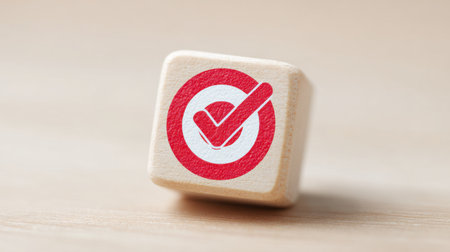 A wooden cube with a red and white check mark on it. The cube is placed on a wooden surfaceの素材
