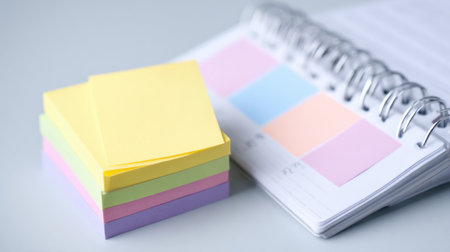 A stack of colorful sticky notes sits on top of a spiral bound notebook. The notebook is filled with various colored sticky notes. The colorful notes add a sense of creativityの素材
