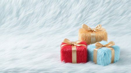 Three small boxes with ribbons on them are sitting on a white surface. The boxes are different colors, with one being red, one being blue, and one being yellow. The boxes are arranged in a rowの素材