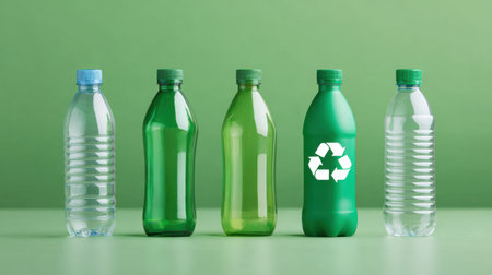 A row of five bottles, one of which has a recycling symbol on it. The bottles are all different colors, including green and clear. Concept of recycling and the importance of reducing wasteの素材
