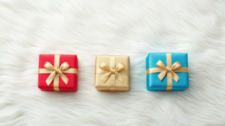 Three boxes with ribbons on them are on a white surface. The boxes are different colors and sizes, and they are arranged in a row. Concept of celebration and joyの素材