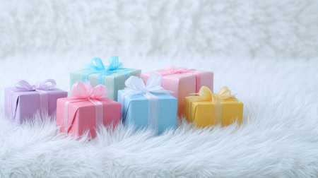 A row of colorful presents are sitting on a white surface. The presents are of different sizes and colors, and they are all tied with ribbons. Concept of joy and celebrationの素材