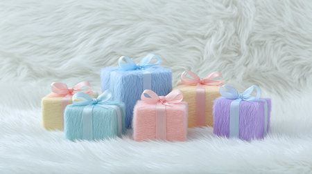 A row of colorful boxes with ribbons on them. The boxes are arranged in a row on a white surfaceの素材