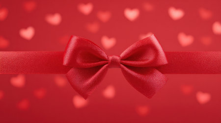 A red ribbon with a bow is surrounded by a red background with hearts. The ribbon and bow are the main focus of the image, and the hearts in the background add a sense of warmth and loveの素材
