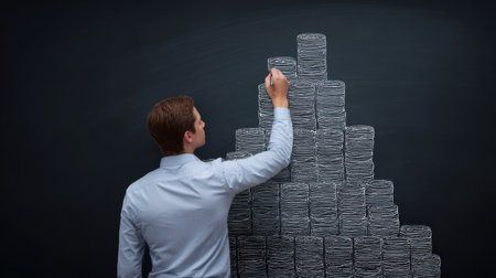 A man is drawing a stack of blocks on a blackboard. The blocks are arranged in a pyramid shape, and the man is using a marker to draw them. Concept of creativity and innovationの素材