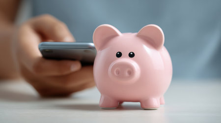 A person is holding a cell phone and a pink piggy bank. Concept of saving money and being responsible with financesの素材