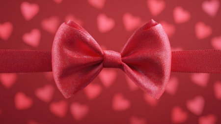 A red bow with hearts on it. The bow is tied in a knotの素材