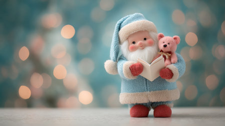 A blue santa with a red nose and a red hat is holding a book. A teddy bear is sitting on his lapの素材