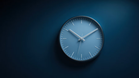A blue clock with white hands showing the time of 11:30. The clock is set against a dark blue backgroundの素材